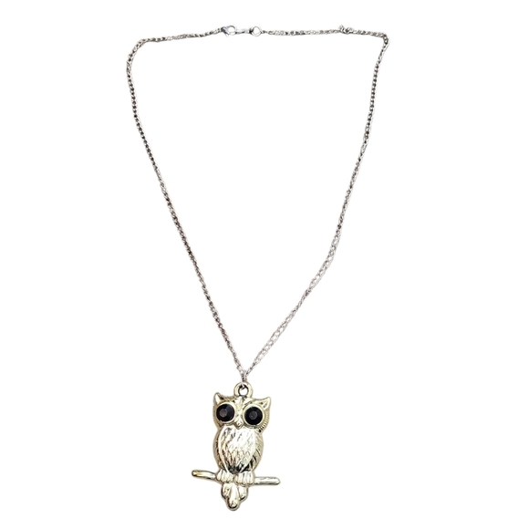 Gold Tone Long Fashion Necklace Owl (Sitting Sideways on Branch) Pendant - Picture 1 of 2